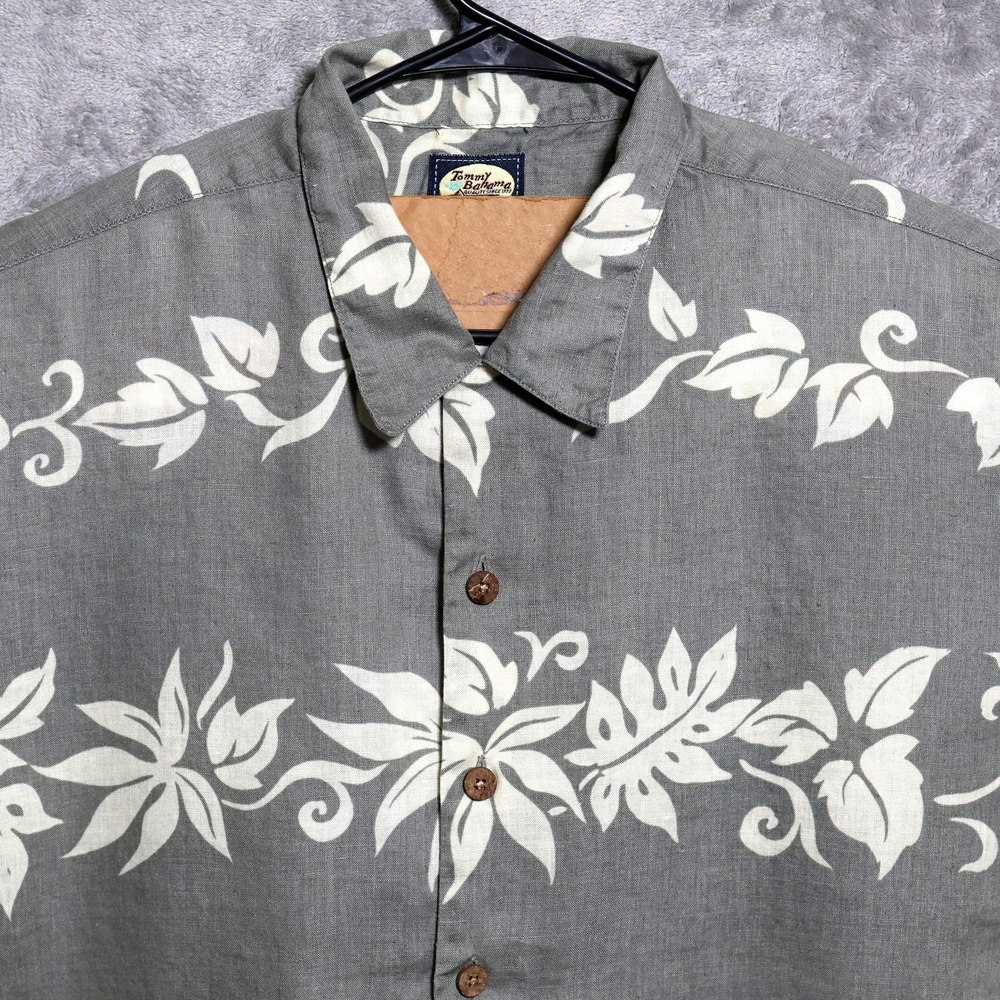 Vintage Tommy‎ Bahama Shirt Men XL Gray White Floral Linen Camp Casual Hawaiian